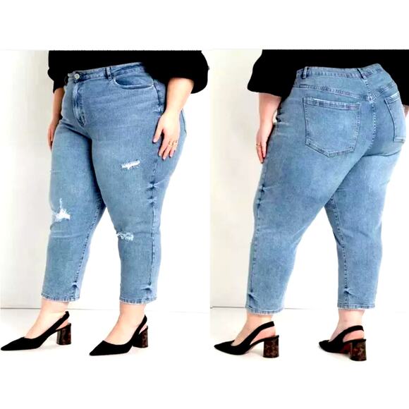 High Rise Crop Mom Jeans Distress Stretch Eloquii 18 Bohemian Festival Grunge - Picture 3 of 14